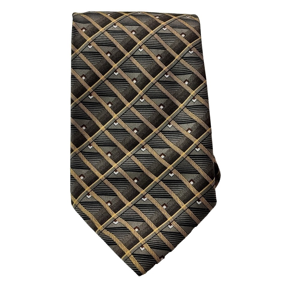 Unbranded Tie Thailand Silk Hand Made Gold Grey Geometric Woven Plaid Necktie
